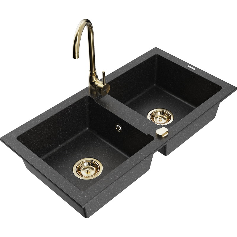 Mexen Mario Fregadero de granito de 2 compartimentos con grifo de cocina Telma, negro/plata - 6504-73-670200-50