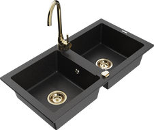 Mexen Mario granite double-bowl kitchen sink with Telma faucet, black/silver - 6504-73-670200-50