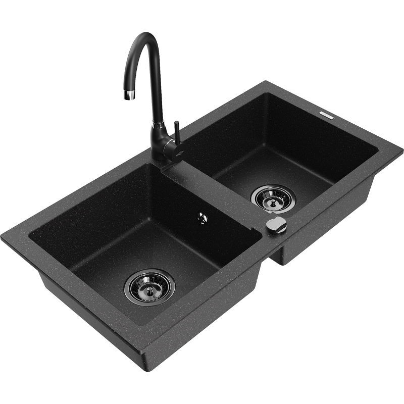 Mexen Mario 2-Kammer Granitspüle mit Küchenarmatur Telma, schwarz/silber - 6504-73-670200-70-B