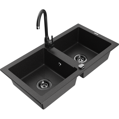 Mexen Mario 2-bowl granite kitchen sink with Telma kitchen faucet, black/silver - 6504-73-670200-70-B