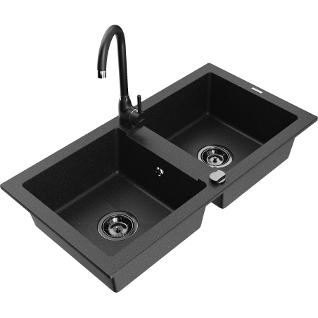 Mexen Mario lavello da cucina in granito a 2 vasche con miscelatore Telma, nero/argento - 6504-73-670200-70-B