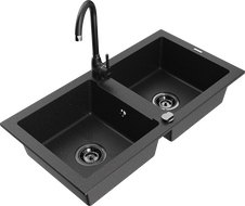 Mexen Mario 2-bowl granite kitchen sink with Telma kitchen faucet, black/silver - 6504-73-670200-70-B