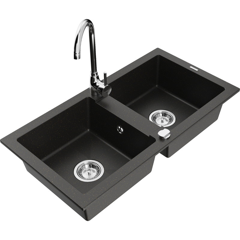 Mexen Mario fregadero de granito de 2 compartimentos con grifo de cocina Telma, negro/dorado - 6504-75-670200-00