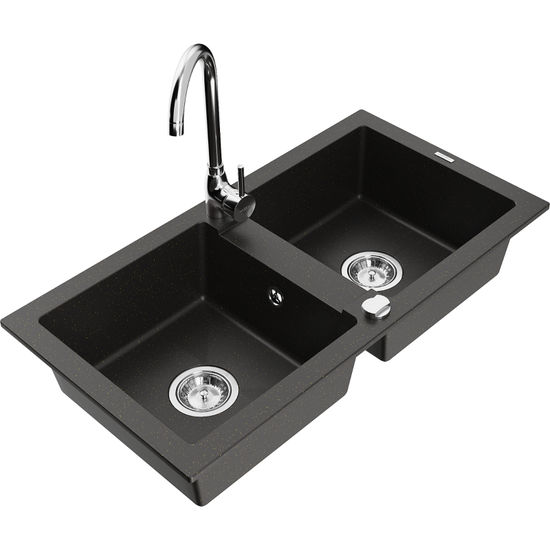 Mexen Mario granitdiskho med 2 fack och köksblandare Telma, svart/guld - 6504-75-670200-00