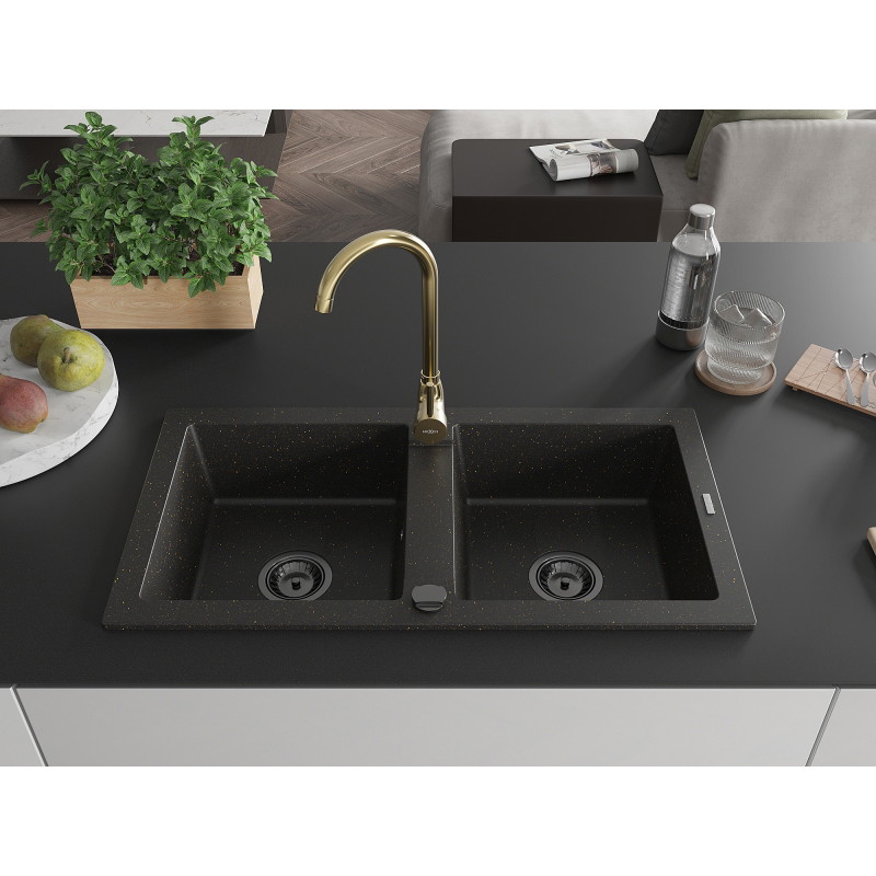 Mexen Mario Granit-Spülbecken mit 2 Kammern und Küchenarmatur Telma, schwarz/gold - 6504-75-670200-50-B