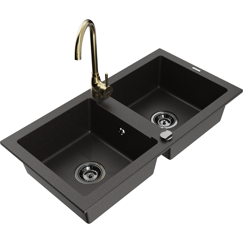 Mexen Mario lava-loiça de granito 2-cubas com torneira de cozinha Telma, preto/ouro - 6504-75-670200-50-B