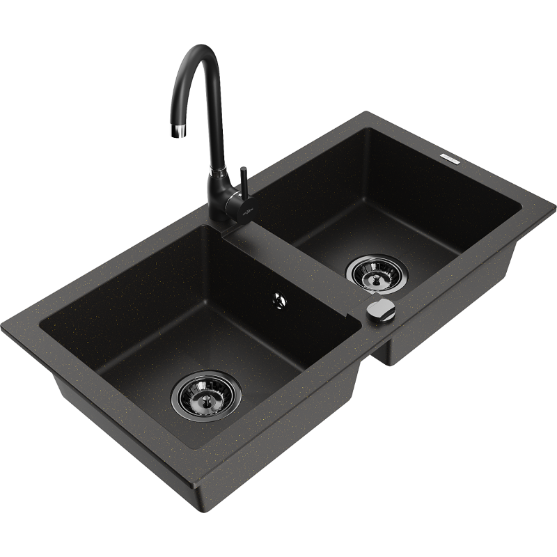 Mexen Mario fregadero de granito de 2 senos con grifo de cocina Telma, negro/dorado - 6504-75-670200-70-B