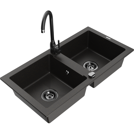 Mexen Mario fregadero de granito de 2 senos con grifo de cocina Telma, negro/dorado - 6504-75-670200-70-B