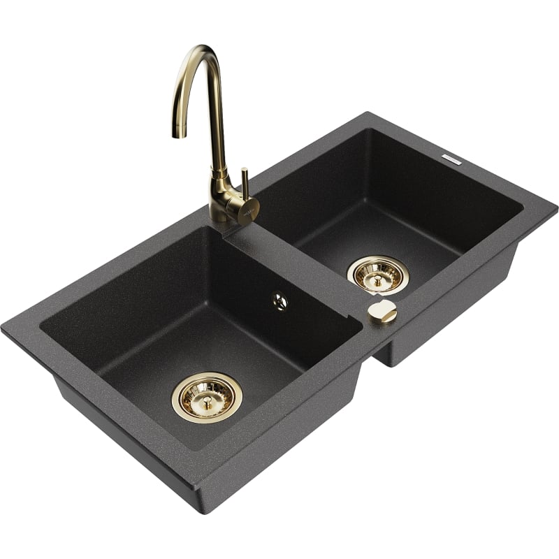 Mexen Mario 2-bowl granite sink with Telma kitchen faucet, black speckled - 6504-76-670200-50