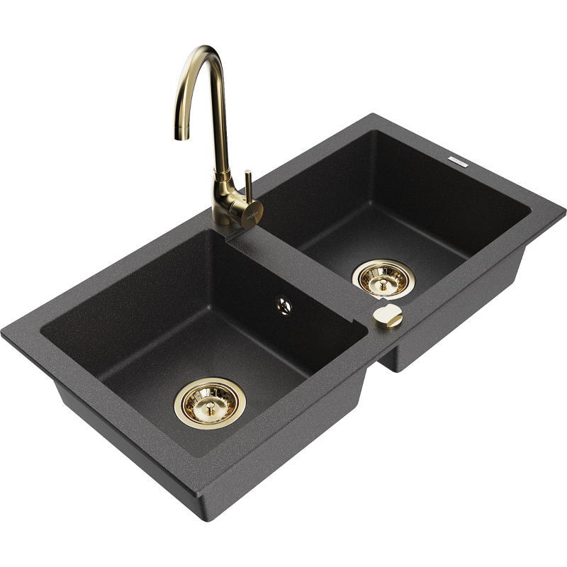 Mexen Mario 2-bowl granite sink with Telma kitchen tap, black speckled - 6504-76-670200-50