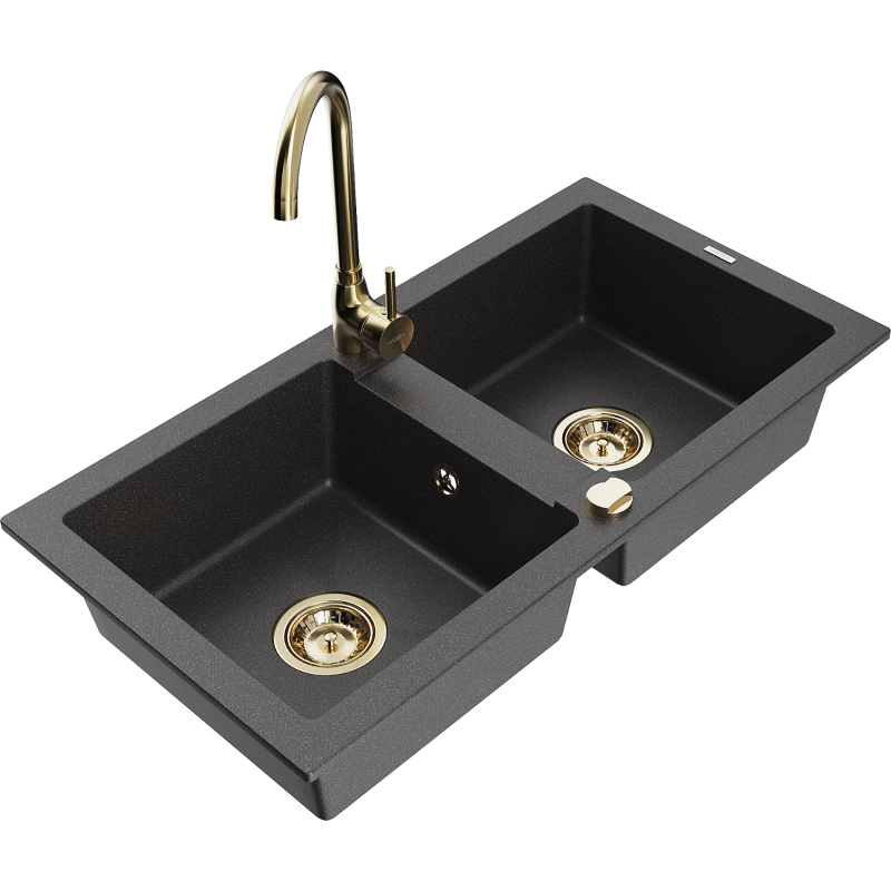 Mexen Mario lava-loiça de granito de 2 cubas com torneira de cozinha Telma, preto salpicado - 6504-76-670200-50