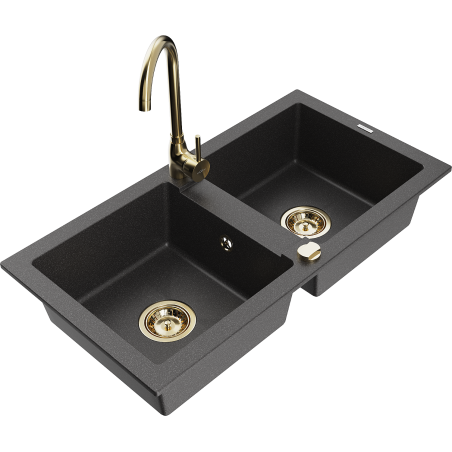 Mexen Mario fregadero de granito de 2 compartimentos con grifo de cocina Telma, negro moteado - 6504-76-670200-50