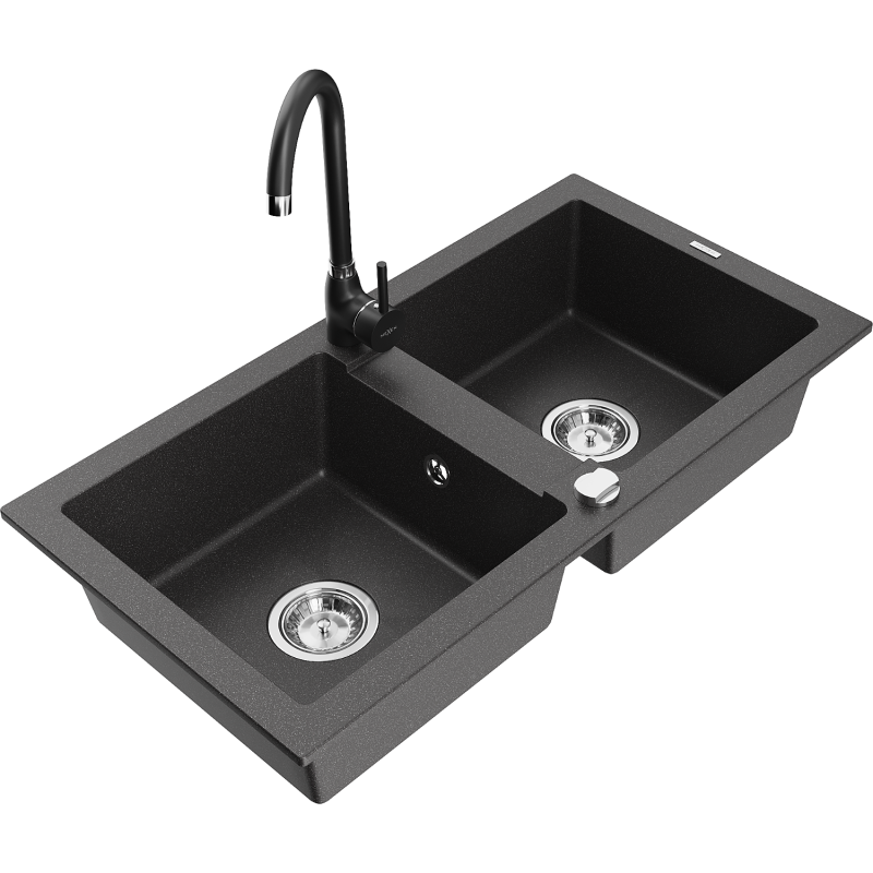Mexen Mario graniittinen 2-altaainen pesuallas keittiöhanalla Telma, musta pilkullinen - 6504-76-670200-70