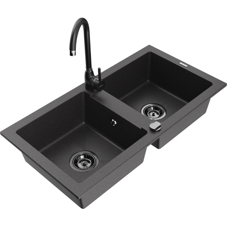Mexen Mario fregadero de granito de 2 senos con grifo de cocina Telma, negro moteado - 6504-76-670200-70-B