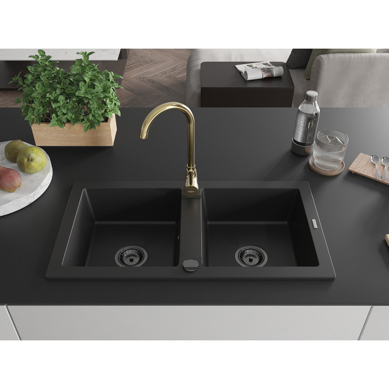 Mexen Mario fregadero de granito de 2 senos con grifo de cocina Telma, negro - 6504-77-670200-50-B