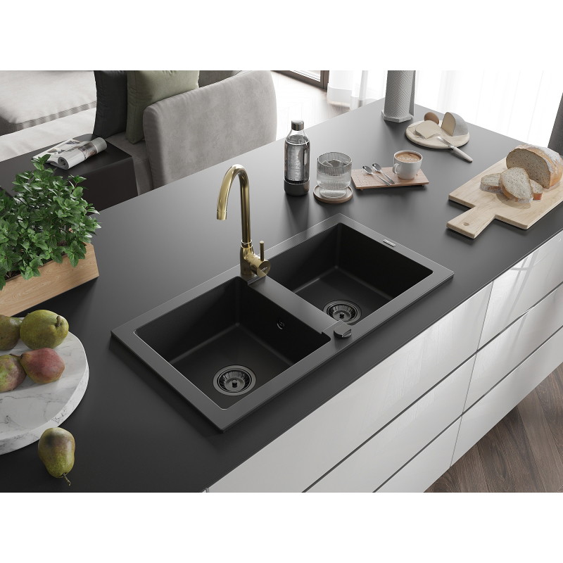 Mexen Mario fregadero de cocina de granito de 2 senos con grifo Telma, negro - 6504-77-670200-50-B