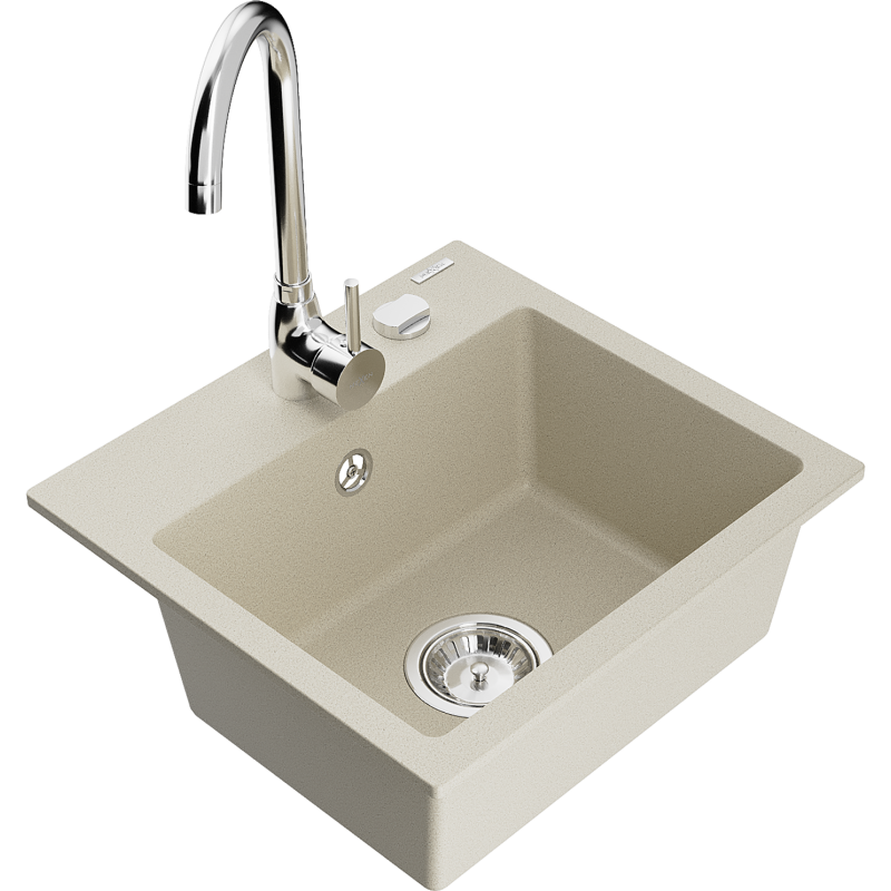 Mexen Milo évier en granit 1 bac avec robinet de cuisine Telma, beige - 6505-69-670200-00