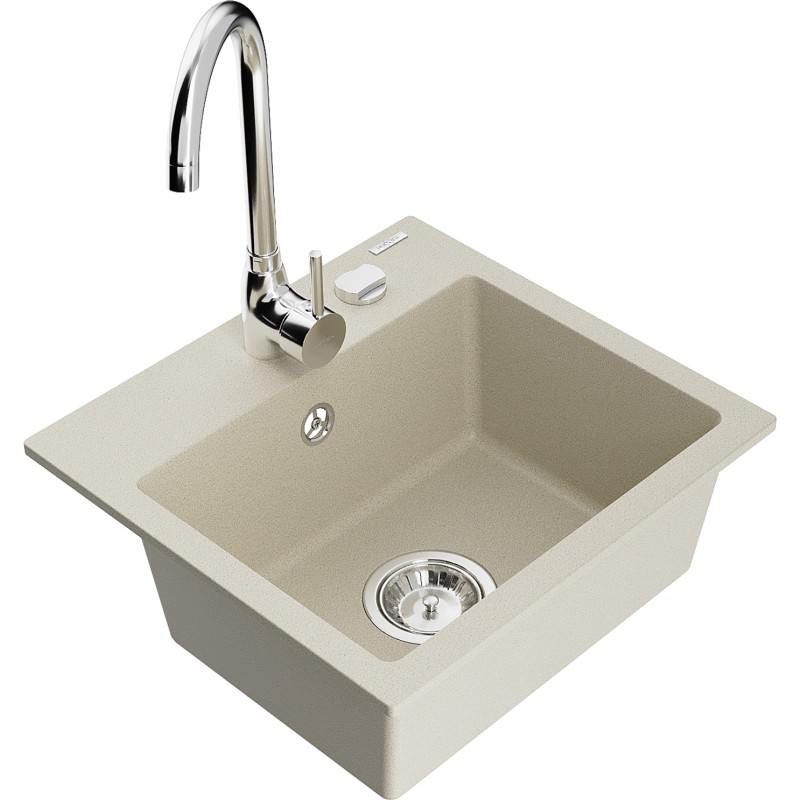 Mexen Milo fregadero de granito de 1 compartimento con grifo de cocina Telma, beige - 6505-69-670200-00