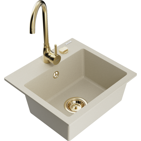 Mexen Milo granite kitchen sink single bowl with Telma kitchen tap, beige - 6505-69-670200-50