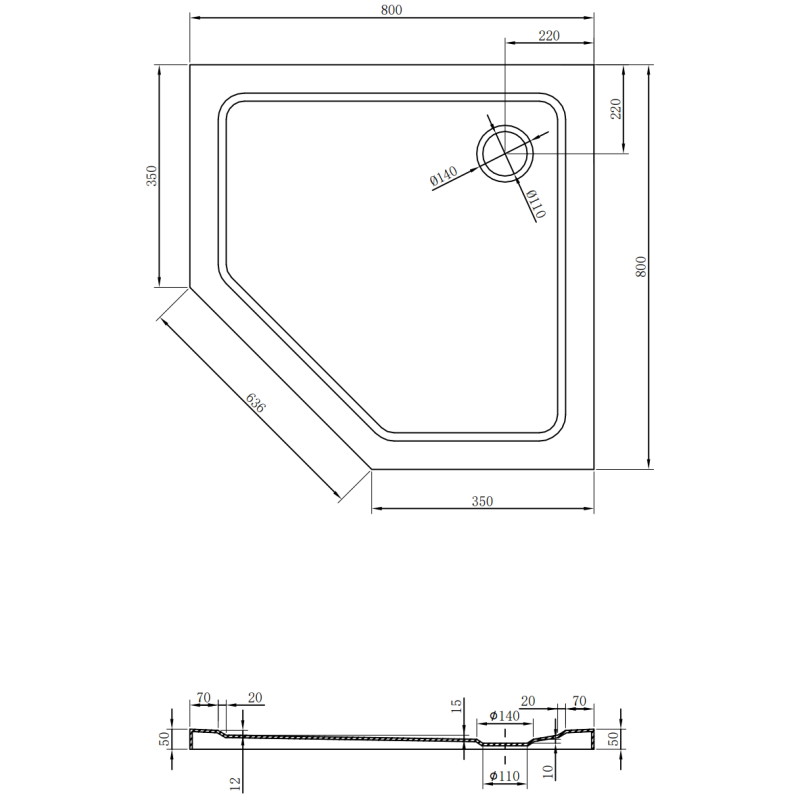 Mexen Flat λεπτή πενταγωνική βάση ντους 80 x 80 cm, λευκό, σιφόνι χρώμιο - 41P108080