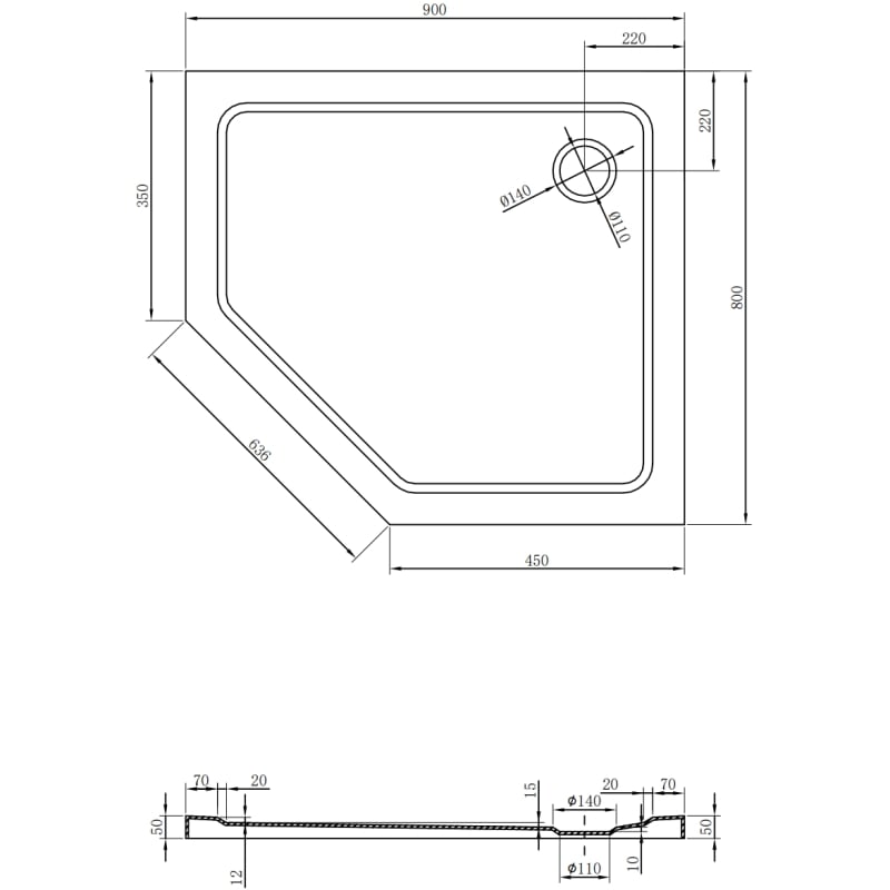 Mexen Flat Fünfeck-Duschwanne Slim Rechts 90 x 80 cm, weiß, Siphon Chrom - 41P108090R