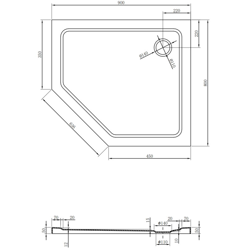 Mexen Flat pentagon duschkar slim höger 90 x 80 cm, vit, krom avlopp - 41P108090R