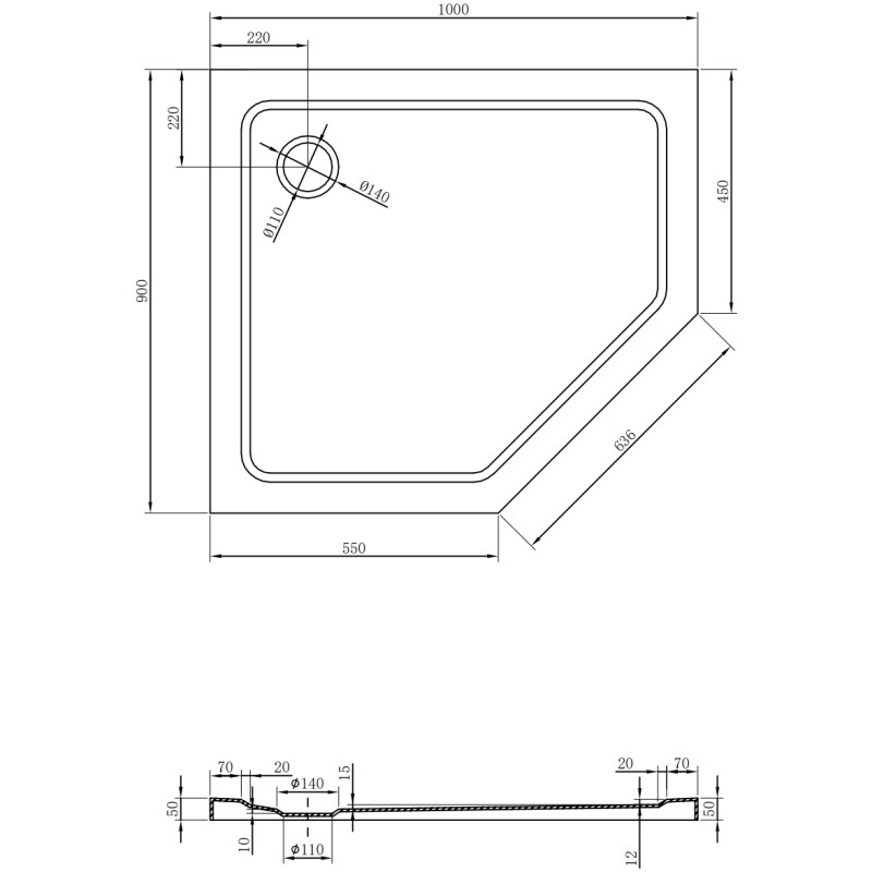 Mexen Flat πενταγωνικό ντους slim αριστερό 100 x 90 cm, λευκό, σιφόνι χρωμέ - 41P109010L