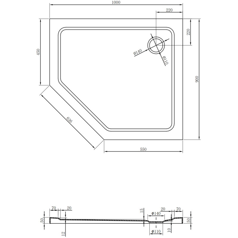 Mexen Flat πεντάγωνη ντουζιέρα slim δεξιά 100 x 90 cm, λευκή, σιφόνι χρωμίου