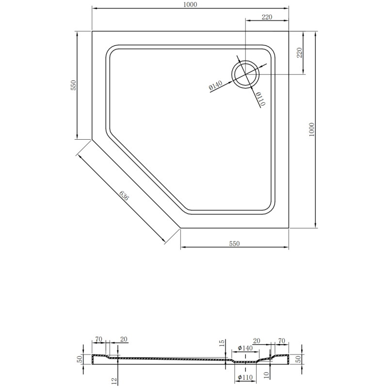 Mexen Flat vijfhoekige douchebak slim 100 x 100 cm, wit, chroom sifon - 41P101010