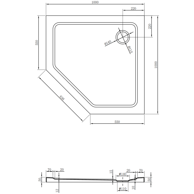 Mexen Flat Pentagona dušas paliktnis slim 100 x 100 cm, melns, hromēts sifons - 41P701010