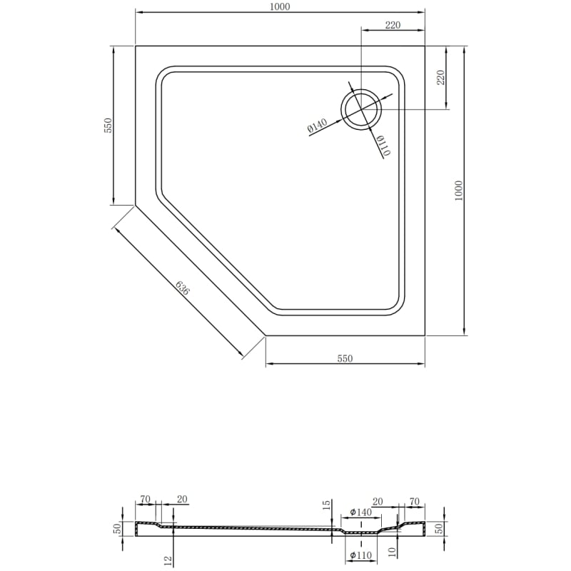 Mexen Flat vijfhoekige douchebak slim 100 x 100 cm, zwart, sifon chroom - 41P701010