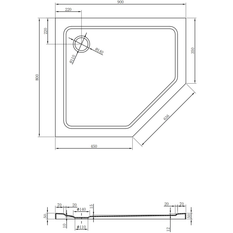Mexen Flat πεντάγωνο ντους slim αριστερό 90 x 80 cm, μαύρο, σιφόν χρώμιο - 41P708090L