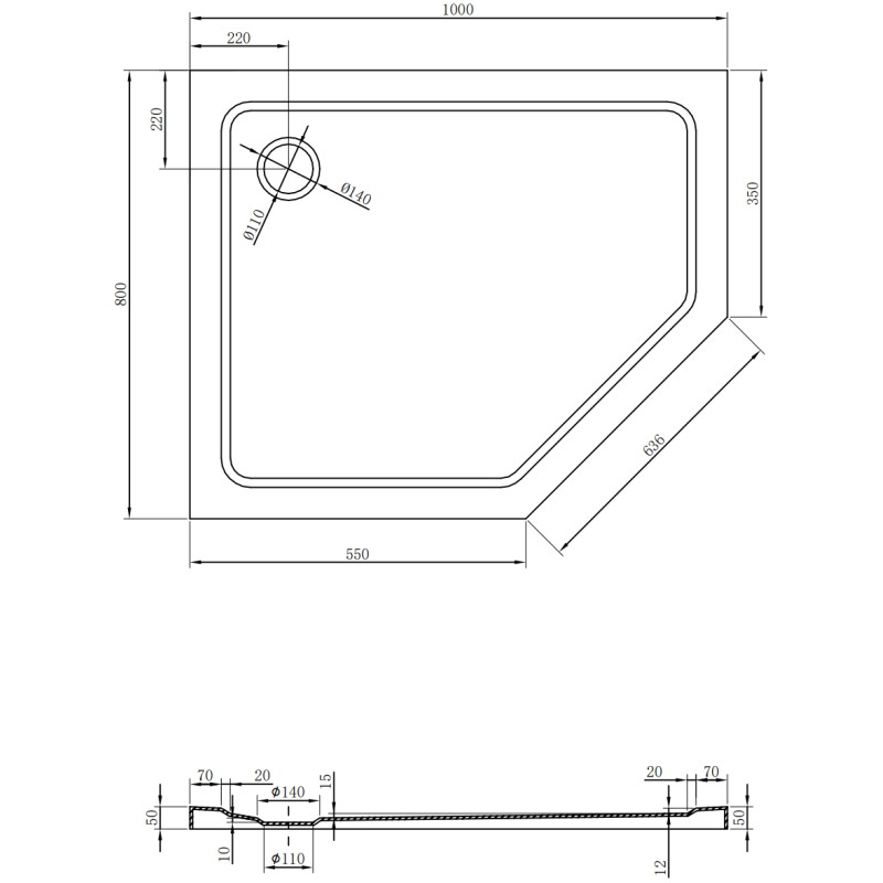 Mexen Flat pentagonalduschhörna slim vänster 100 x 80 cm, svart, krom avlopp - 41P708010L
