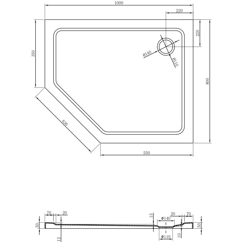 Mexen Flat plato de ducha pentagonal slim derecho 100 x 80 cm, negro, sifón cromo - 41P708010R