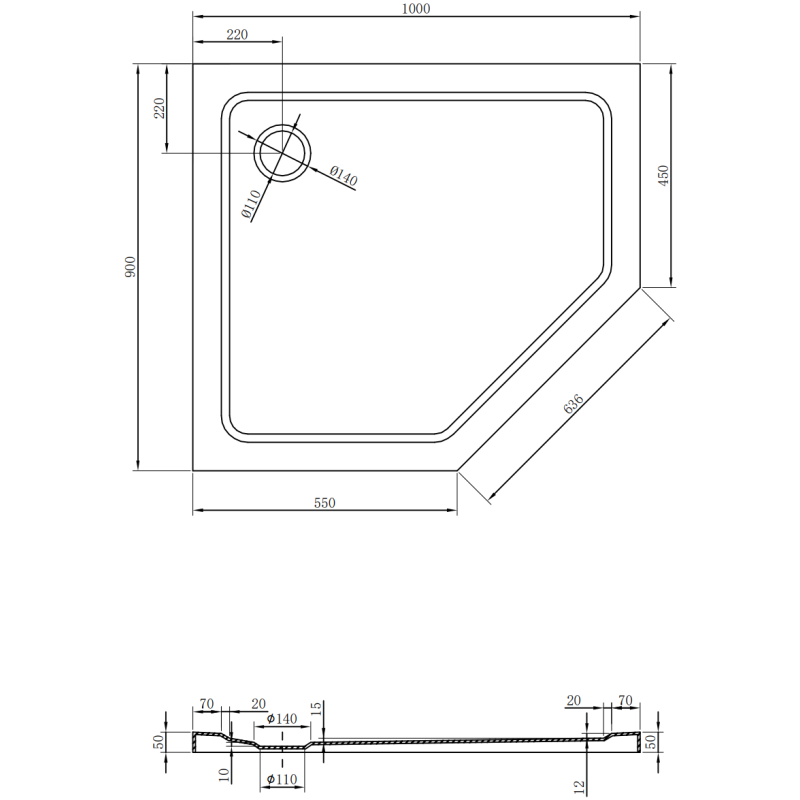 Mexen Flat pentagonāls slaids kreisais dušas paliktnis 100 x 90 cm, melns, sifons hroms - 41P709010L