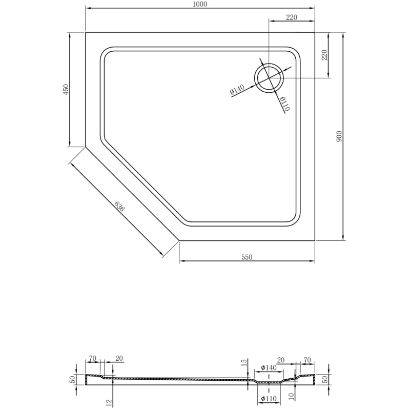 Mexen Flat fünfeckige Duschwanne Slim rechts 100 x 90 cm, schwarz, Siphon chrom - 41P709010R