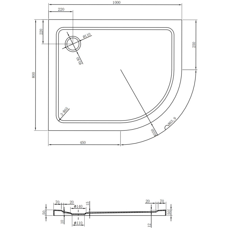 Mexen Flat slim halfcirkel douchebak links 100 x 80 cm, wit, sifon chroom - 41108010L
