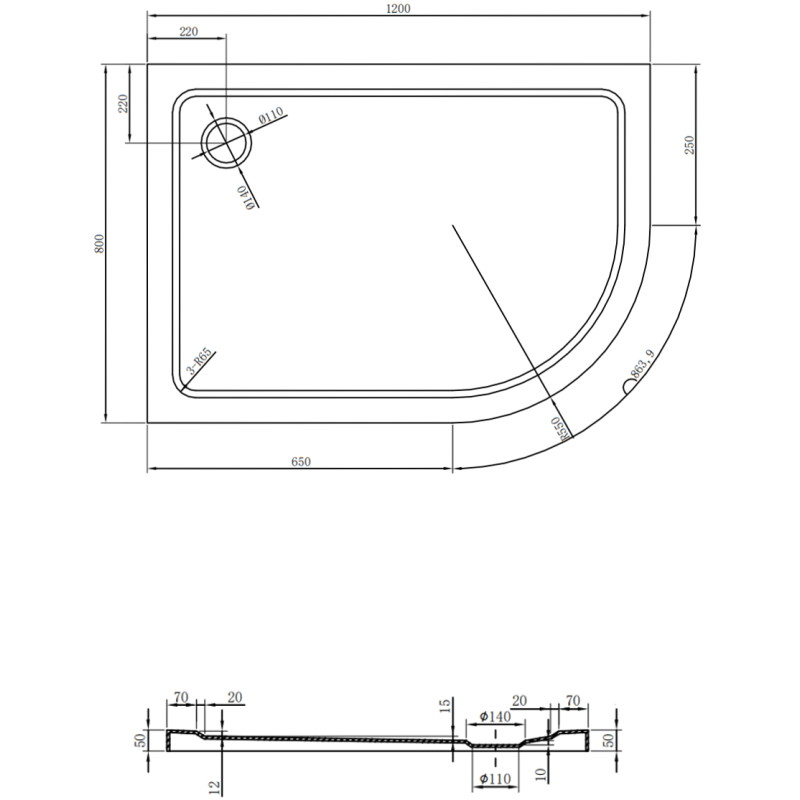 Mexen Flat halvcirkelformad slim vänster duschkar 120 x 80 cm, vit, krom avlopp - 41108012L
