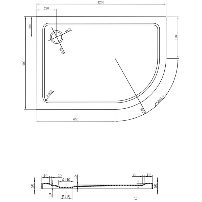 Mexen Flat halbrunde Duschwanne Slim links 120 x 90 cm, weiß, Chromsiphon - 41109012L