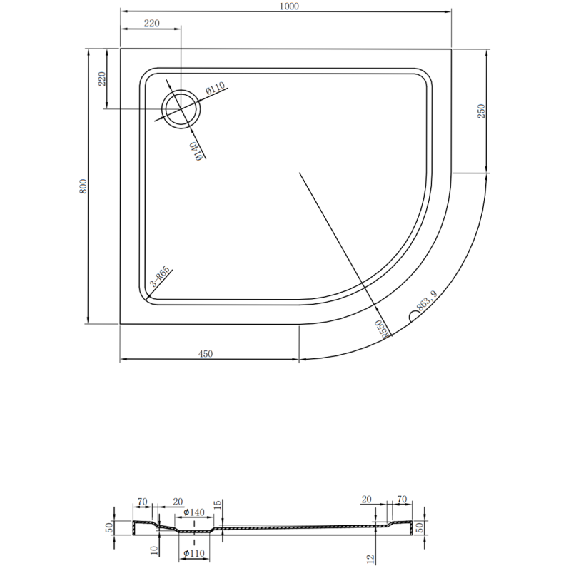 Mexen Flat pusiapaļš dušas pamats slim kreisais 100 x 80 cm, melns, sifons hroms - 41708010L