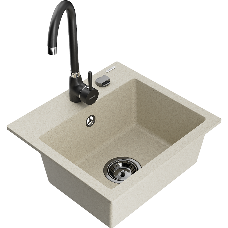 Mexen Milo évier en granit 1 bac avec robinet de cuisine Telma, beige - 6505-69-670200-70