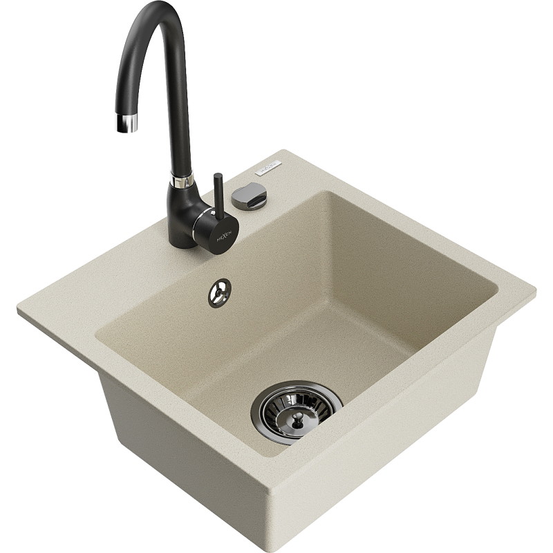 Mexen Milo évier en granit à 1 bac avec robinet de cuisine Telma, beige - 6505-69-670200-70