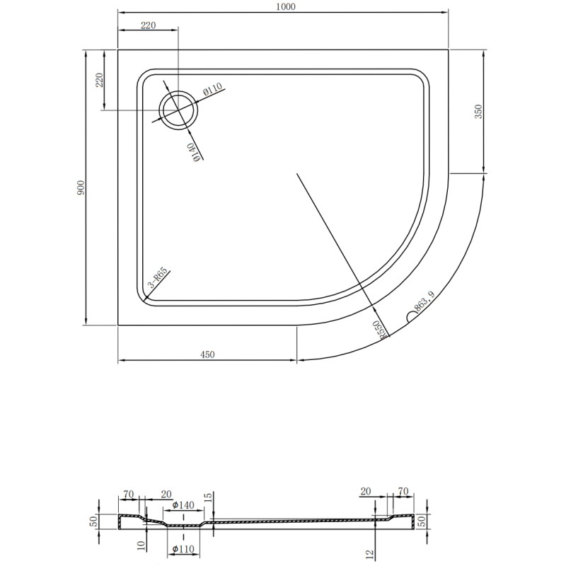 Mexen Flat duschwanne halbkreisförmig schlank links 100 x 90 cm, schwarz, siphon gold - 41709010L-G