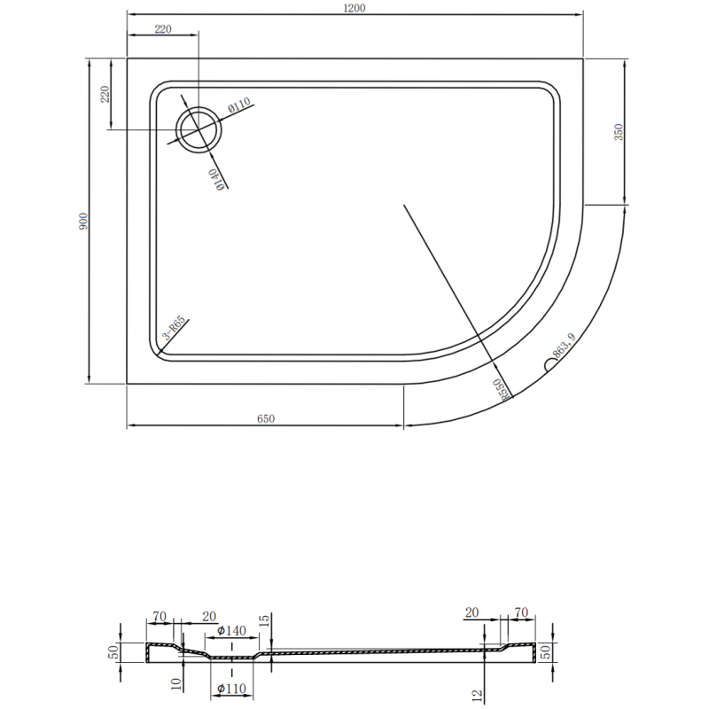 Mexen Flat pusapaļš dušas stūris slim kreisais 120 x 90 cm, melns, zelta sifons - 41709012L-G
