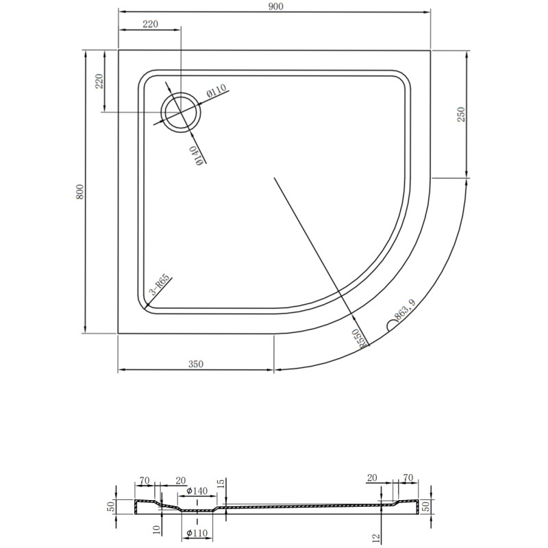 Mexen Flat Halbrunde Slim-Duschwanne links 90 x 80 cm, weiß, schwarzer Siphon - 41108090L-B