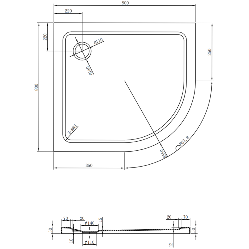 Mexen Flat pusapaļais dušas paliktnis plānais kreisais 90 x 80 cm, melns, sifons melns - 41708090L-B
