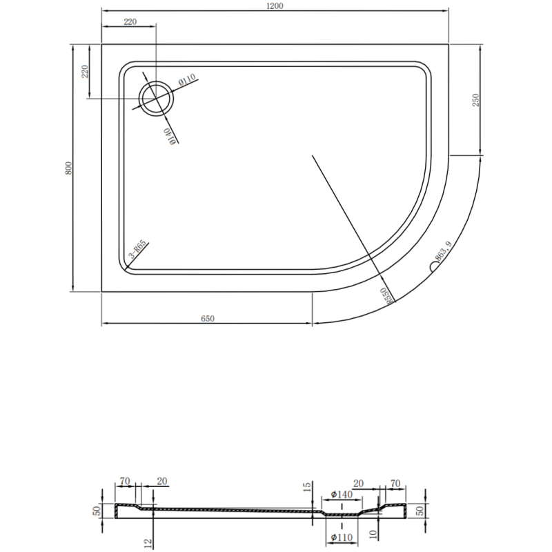 Mexen Flat Pusapļa Slim dušas paliktnis pa kreisi 120 x 80 cm, melns, melns sifons - 41708012L-B