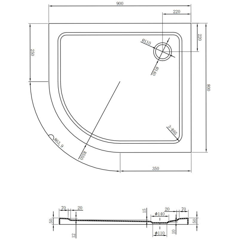 Mexen Flat piatto doccia semicircolare slim destro 90 x 80 cm, bianco, sifone cromato - 41108090P