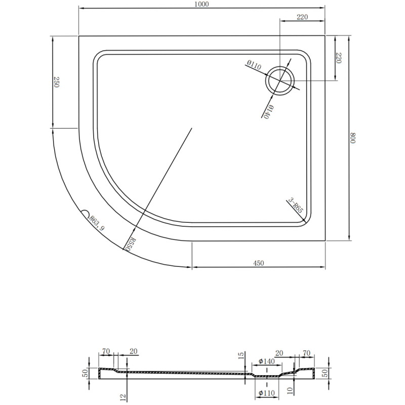 Mexen Flat slim halfronde douchebak rechts 100 x 80 cm, wit, chroom sifon - 41108010P