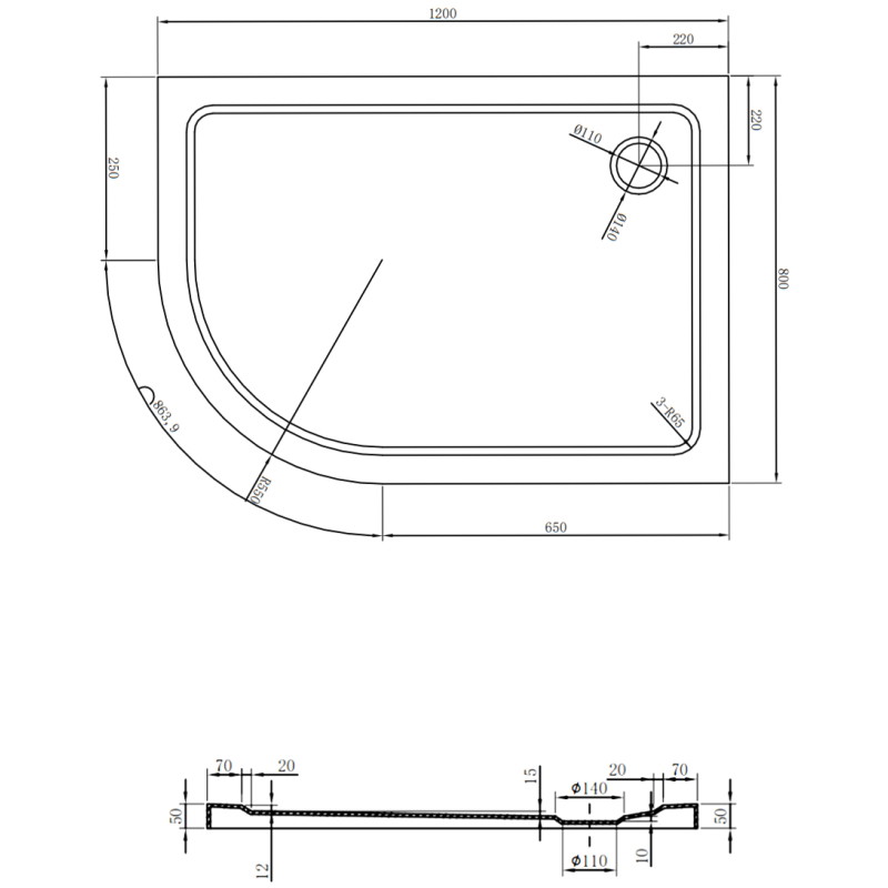 Mexen Flat half-ronde slim douchebak rechts 120 x 80 cm, wit, sifon chroom - 41108012P
